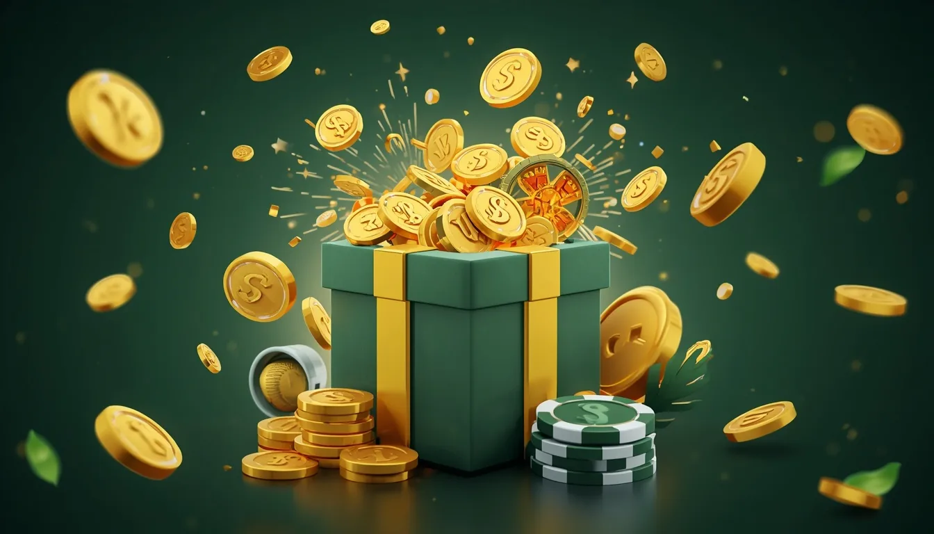 Verde Casino bonusser – gavekasse med guldmønter og free spins i grøn brandfarve